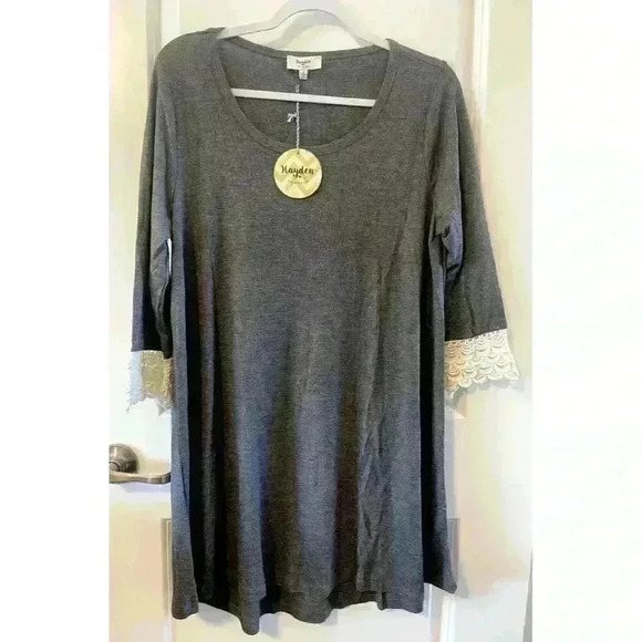 NWT Hayden Los Angeles Long Sleeve Dress Knit Crochet Size L Granite HeatherGray - Picture 1 of 5